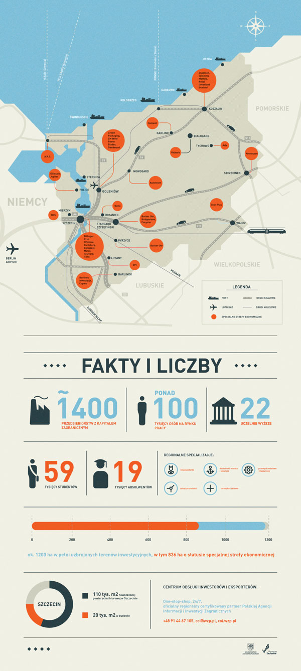 Infographic map of West Pomeranian province with industrial zones and investments.