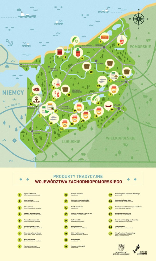 Informative map of West Pomeranian province featuring food and local cuisines.