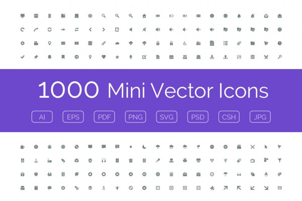 1000 Mini Vector Icons - including AI, EPS, PDF PNG SVG, PSD, CSH, JPG.