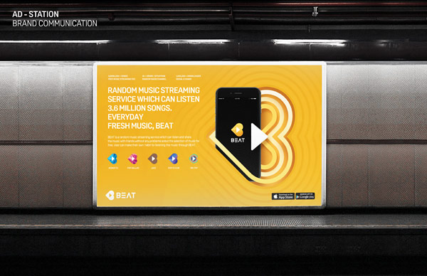 Billboard advertisement for the free music streaming service in a metro station.