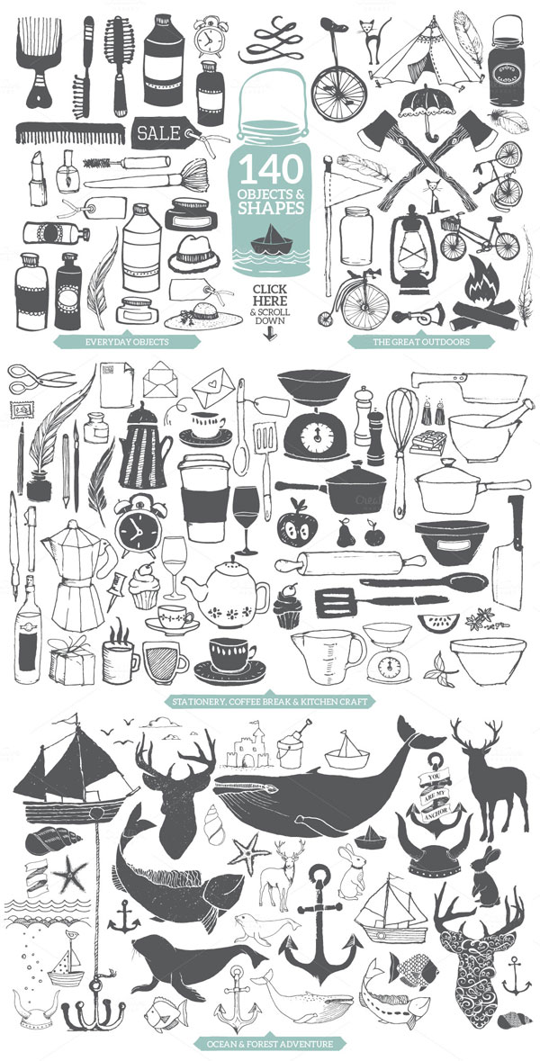 140 objects and shapes including everyday objects, outdoors, stationery, coffee break and kitchen craft, ocean and forest adventure.
