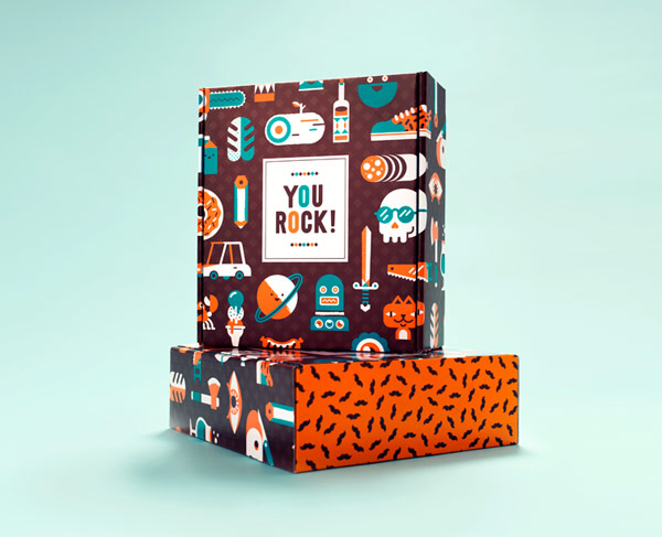 The cardboard box was designed with several flat illustrations that convey a playful touch.