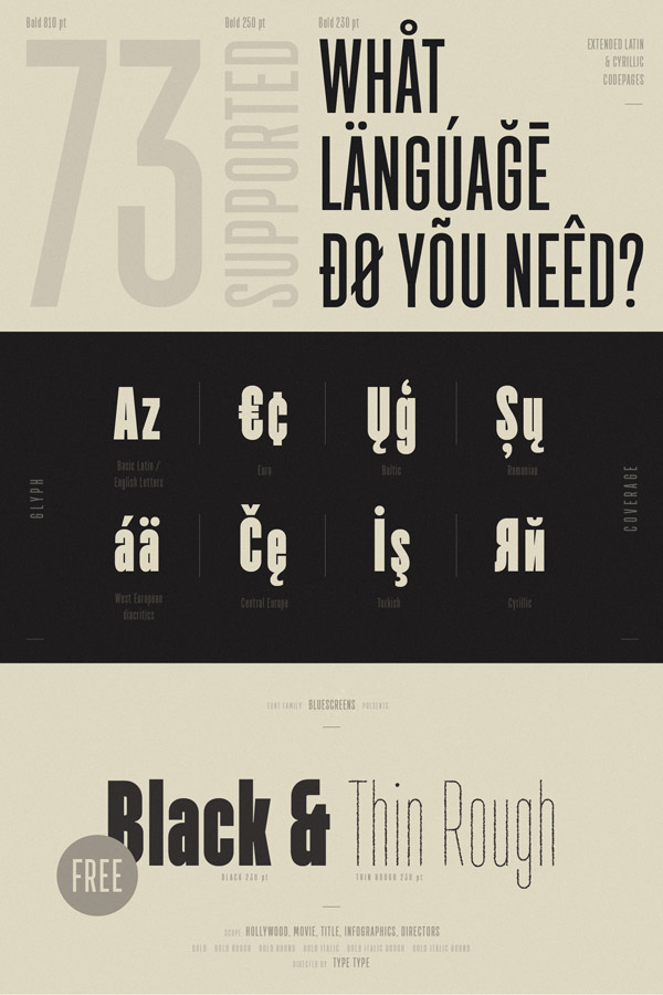 Multiple language support plus 2 free fonts (Black and Thin Rough).