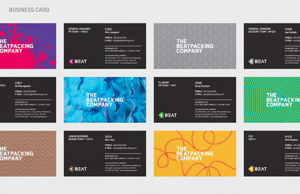 Numerous colorful business cards of the company.