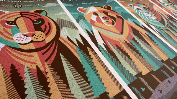 Close up of all four printed posters still on one printed sheet. All posters are printed as limited edition of 230 pieces on 100lb French Speckletone Madero Beach by Monolith Press.