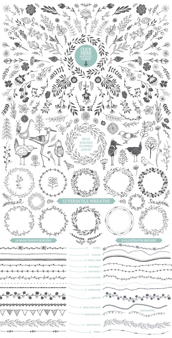 Birds, borders, flowers, and leaves as well as 12 versatile wreaths, 14 hand drawn borders and 14 illustrator brushes.
