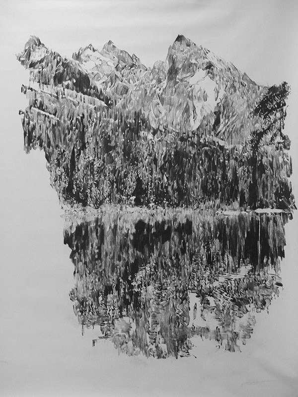 Black and white landscape drawing.