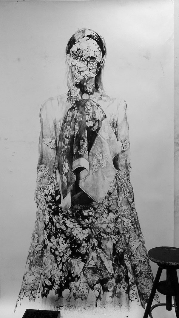 Black and white portrait drawing with a connection to plants and nature.