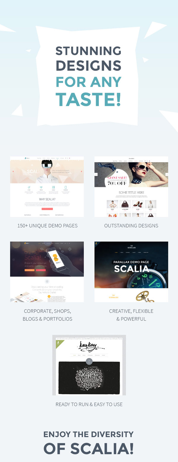 The Scalia WordPress theme comprises 5 different designs for any taste.
