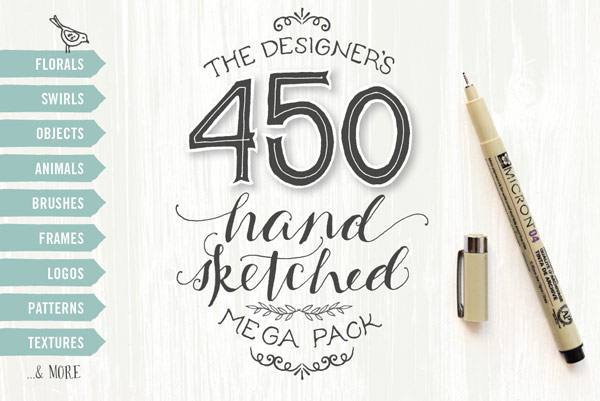 The designer's hand sketched megapack with more than 450 handmade illustrations and graphic elements.