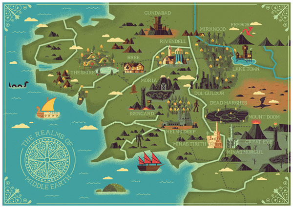 Map of the realms of Middle Earth illustrated by studio MUTI.