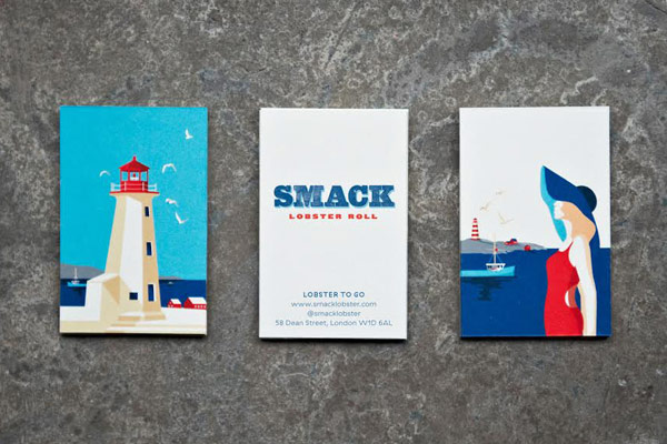 The business cards with logotype and retro illustrations on the back.