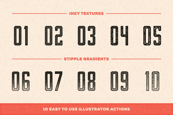 10 Easy to use Adobe Illustrator actions with inky textures and stipple gradients.