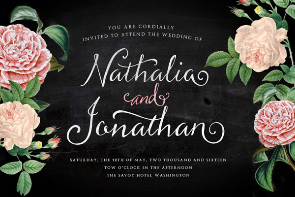 Example of a wedding invitation with floral design and this beautiful script font.