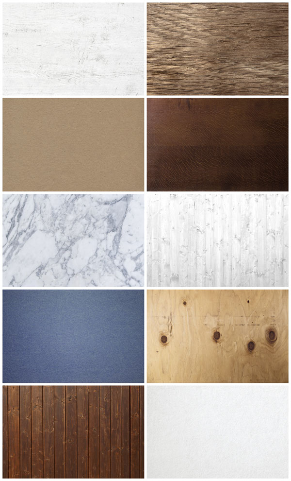 Over 10 high resolution textures of wood, marble, and paper.