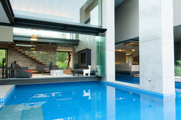 View from the pool into the living space.