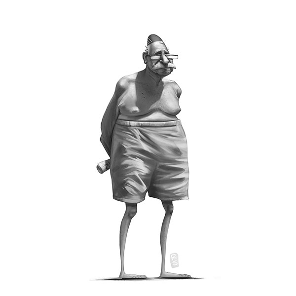 An old man with hoisted swimming trunks.