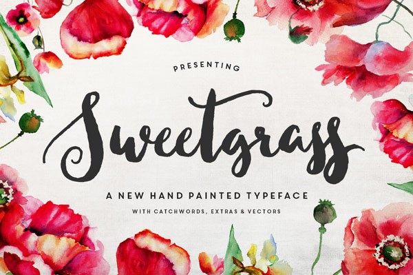 Sweetgrass typeface, a hand painted font with floral vectors and catchwords.