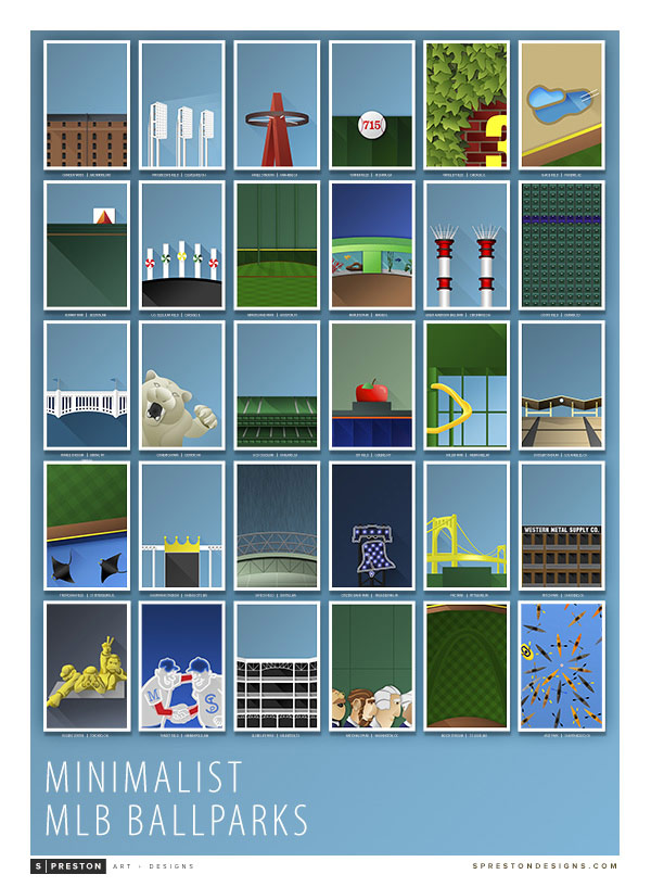 All minimalist ballparks from the current stadiums series designed by graphic artist S. Preston.