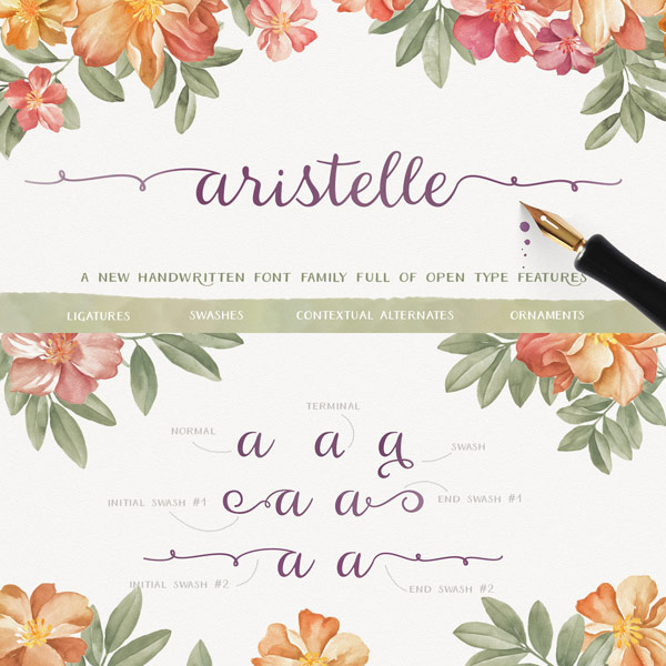 Aristelle font family, a beautifully hand-lettered script font with lots of Open Type features.