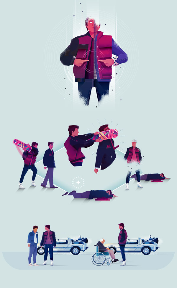 Several Back To The Future illustrations by Maïté Franchi for Focus Magazine.