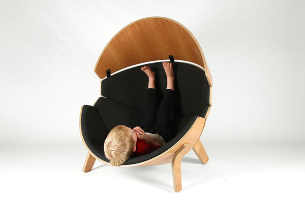 A chair that provides children a comforting feeling of enclosure in their childcare centres.