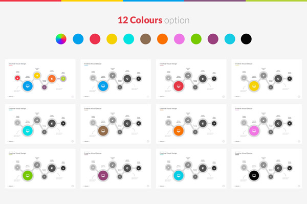 Create diverse Powerpoint presentations with 12 different color otions.