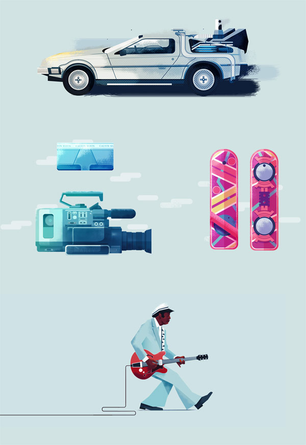 Diverse illustrations of typical details and objects from the Back To The Future trilogy.