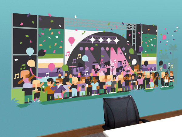 Office wall illustrations by Hey studio for Three, the telecoms company.