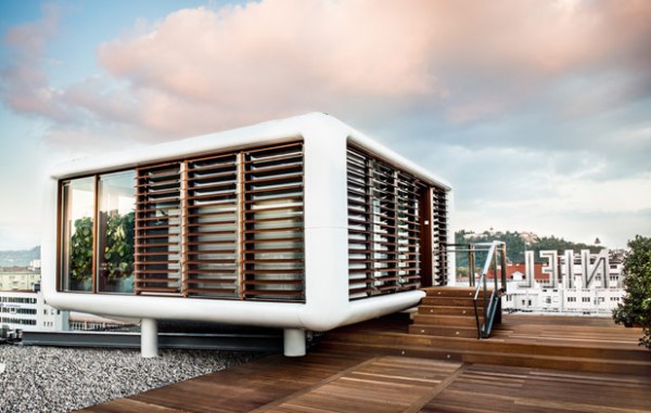 Werner Aisslinger's Loft Cube on the hotel rooftop provides 360 degree views over the city of Graz.