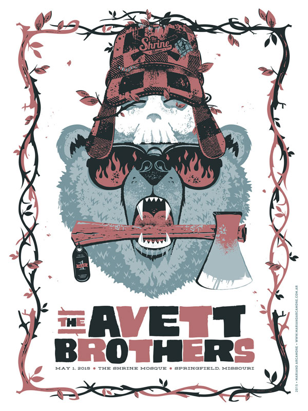 Gig poster illustration by Mariano Arcamone for The Avett Brothers - May 1, 2015, Springfield, MO.