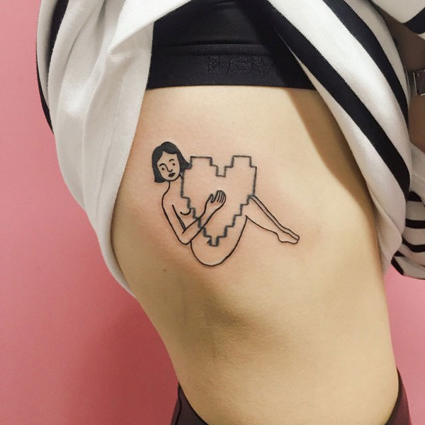 Simple line tattoo of a naked girl with a pixelated heart.