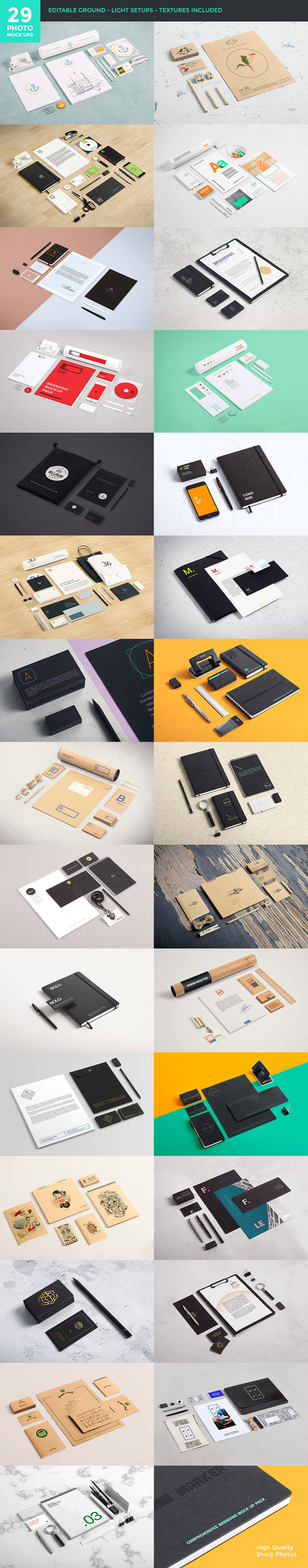 The 29 photo mockups with editable backgrounds, light setups, and included textures.