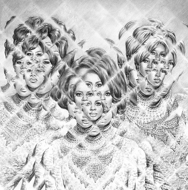 An artwork that draws inspiration from the Diana Ross and The Supremes's track, 'Reflections'. The drawing has been created for the Secret 7 exhibition.