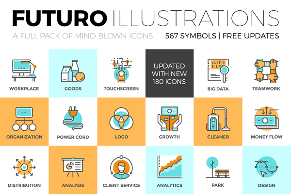 The Futuro icons collection is a full pack of mind blowing illustrations and symbols with free updates.