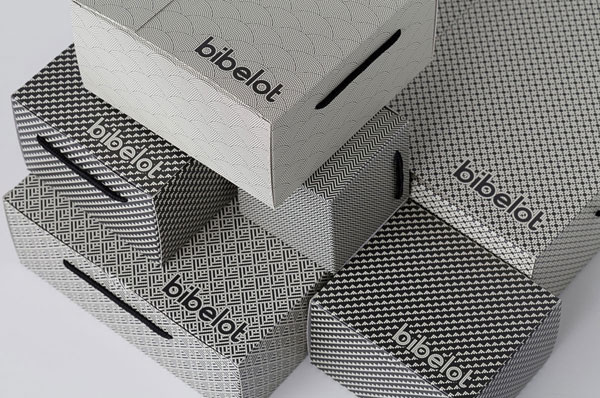 Close up of the packaging boxes for Bibelot, a European styled dessert boutique in Melbourne.