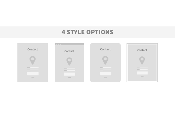 Wireframes with 4 style options (sharp corners, rounded corners, windowed, and bordered).