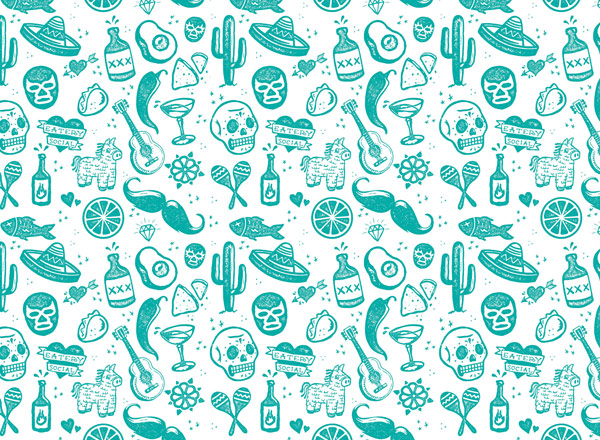 Pattern with Mexican illustrations of stereotypical things.