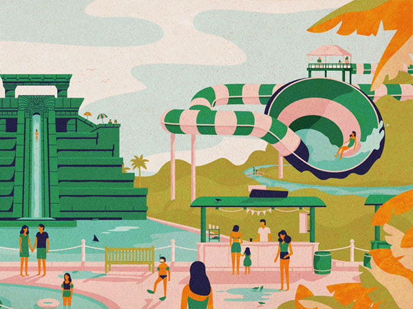 Close up of the colorful water park illustrations.