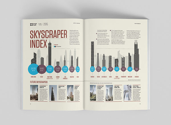 Skyscrapers index with simple and flat editorial illustrations.