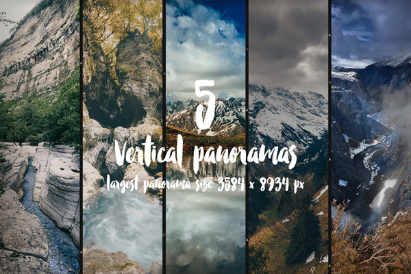 5 vertical nature panoramas with a largest size of 3584 x 8934 px.