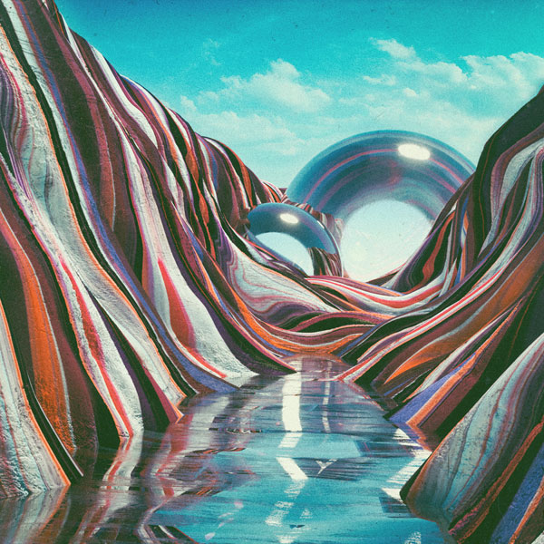 A colorful surreal landscape made with different 3D rendering techniques.