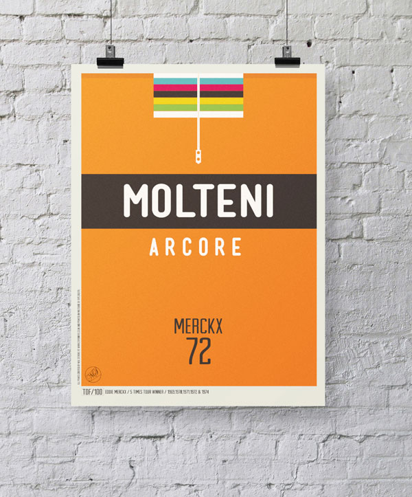 Eddy Merckx Cycling Jersey - Poster design of the Molteni Arcore jersey with the world champion stripes.