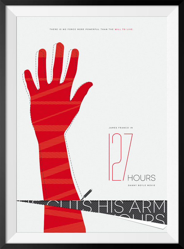 James Franco in 127 Hours. He cuts his arm after 127 hours. Work from a poster collection by Dawid Frątczak.