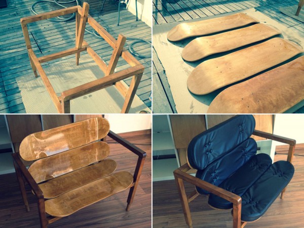 A very creative do-it-yourself project by Carlos Cardoso – He has created a chair of pine wood and some blank skateboard decks.