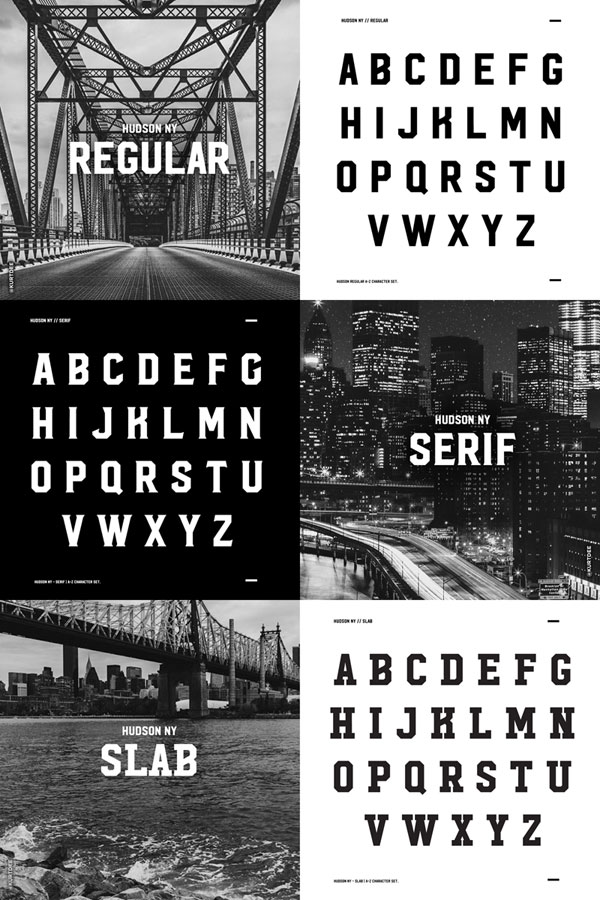 Hudson NY Regular, Serif, and Slab – display fonts with a strong and bold look.