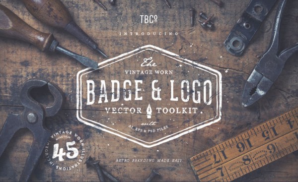 Vintage worn badge and logo vector toolkit with illustrations, frames, brushes, templates, textures, and sunbursts.