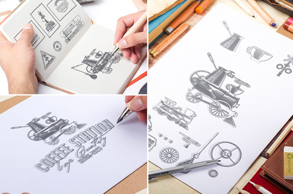 The creation process of the hand drawn logo.