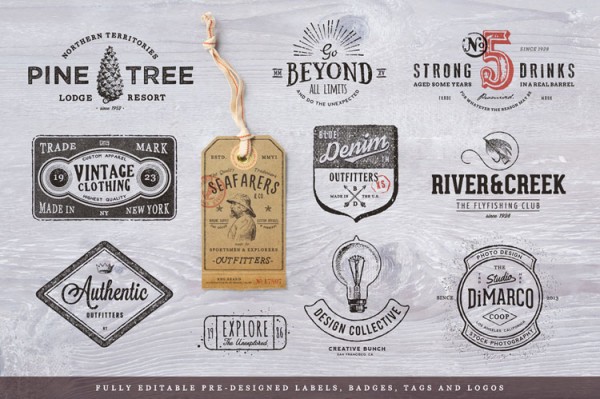 Fully editable pre-designed labels, badges, tags, and logos.