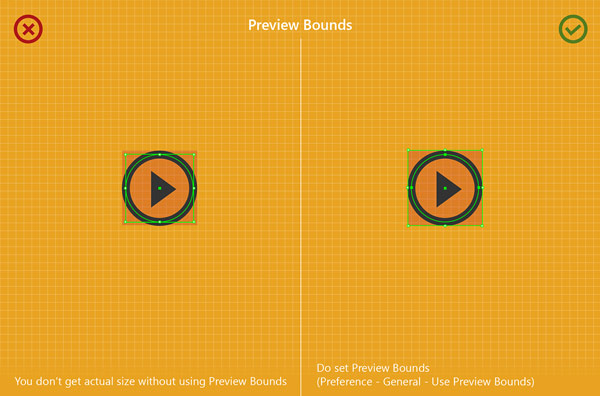 Do set preview bounds. Image from a series of dos and don'ts when creating minimal pixel icons in Adobe Illustrator.